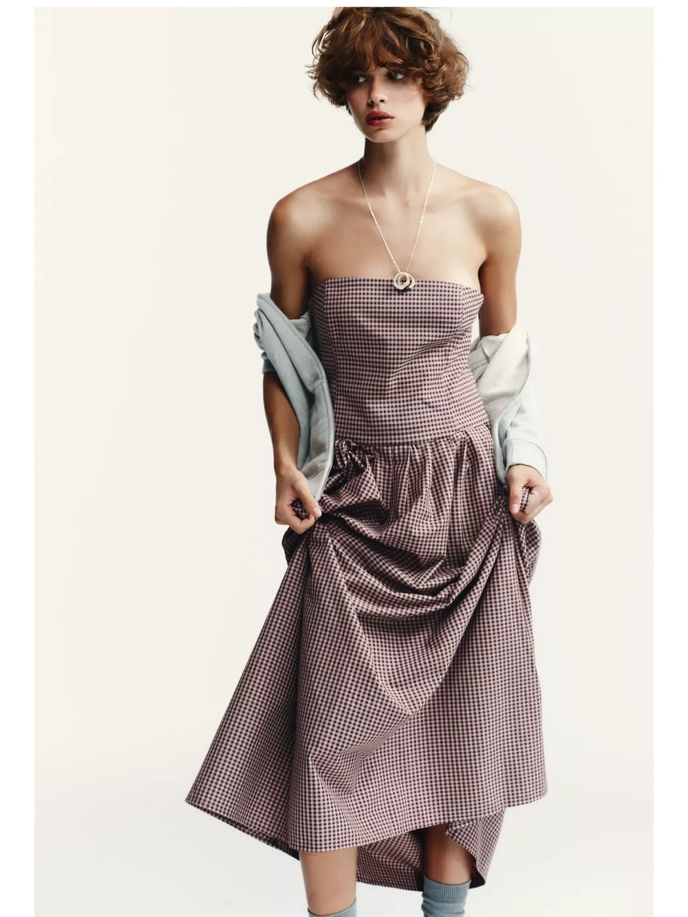 Strapless Gingham Midi Dress in Plum Checkered Print